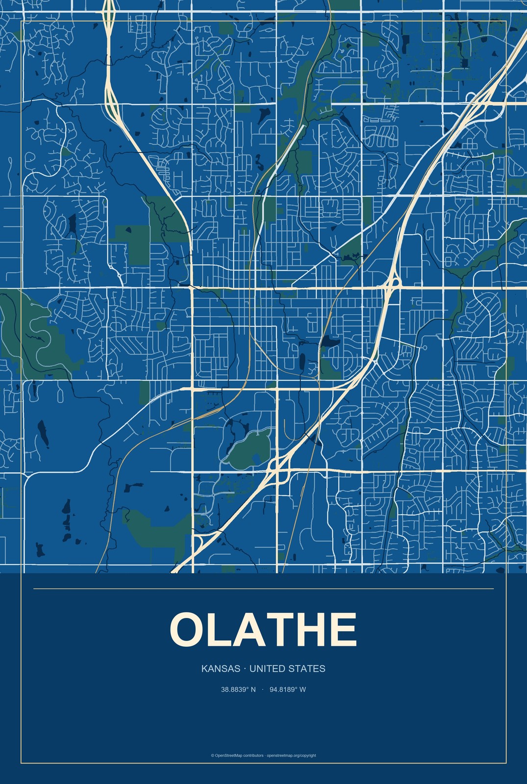 Olathe, Kansas City Map Aluminum Sign in Harbor Cobalt style