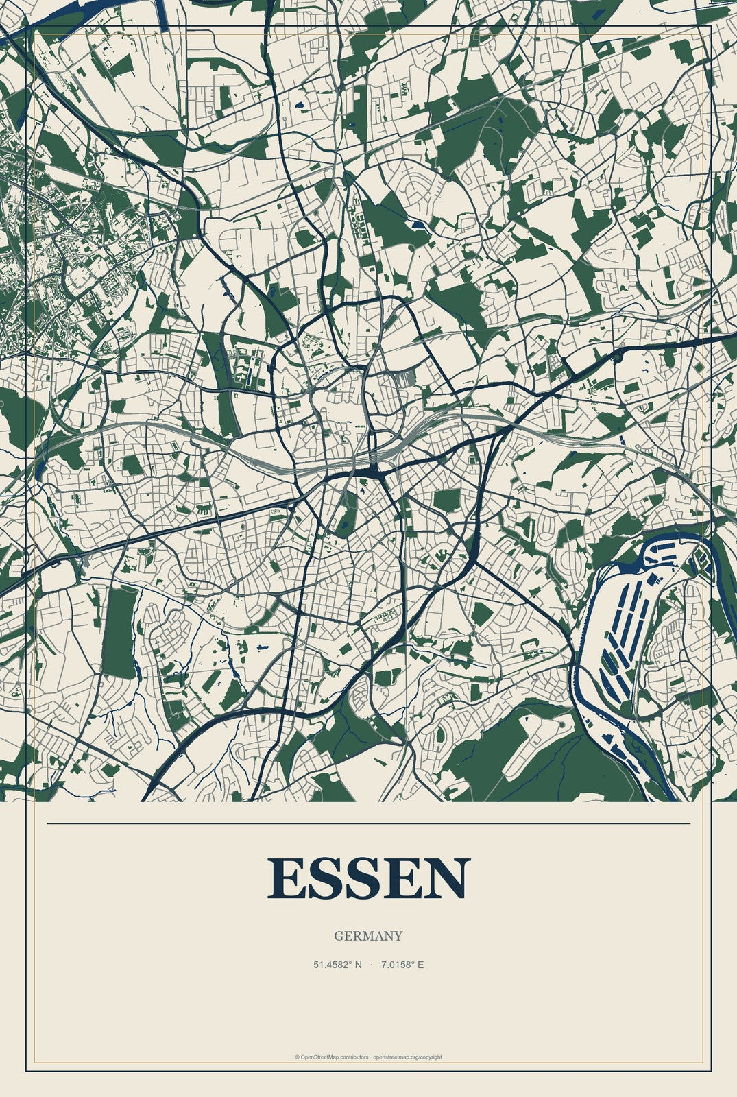 Essen, Germany City Map Aluminum Sign in Coastal Cutout style