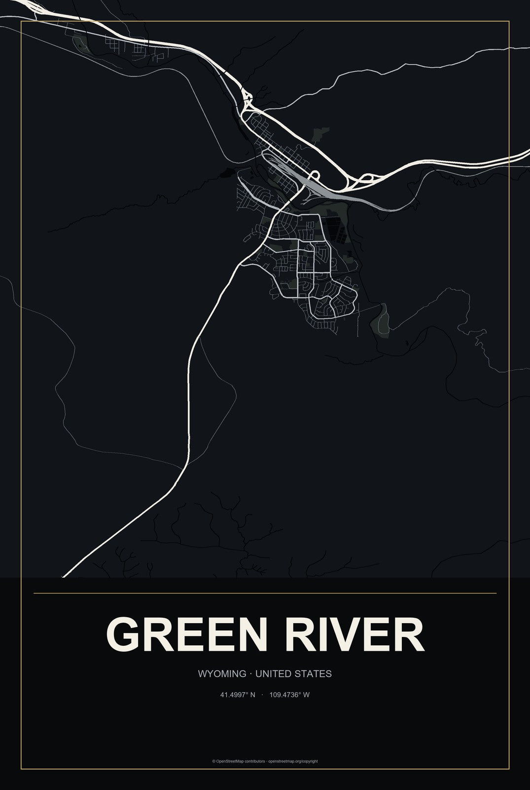Green River, Wyoming City Map Aluminum Sign in Metropolitan Noir style