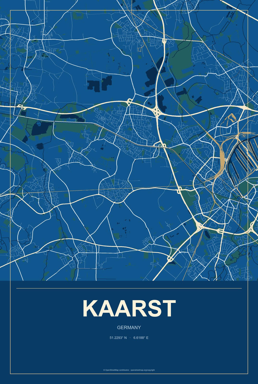 Kaarst, Germany City Map Aluminum Sign in Harbor Cobalt style