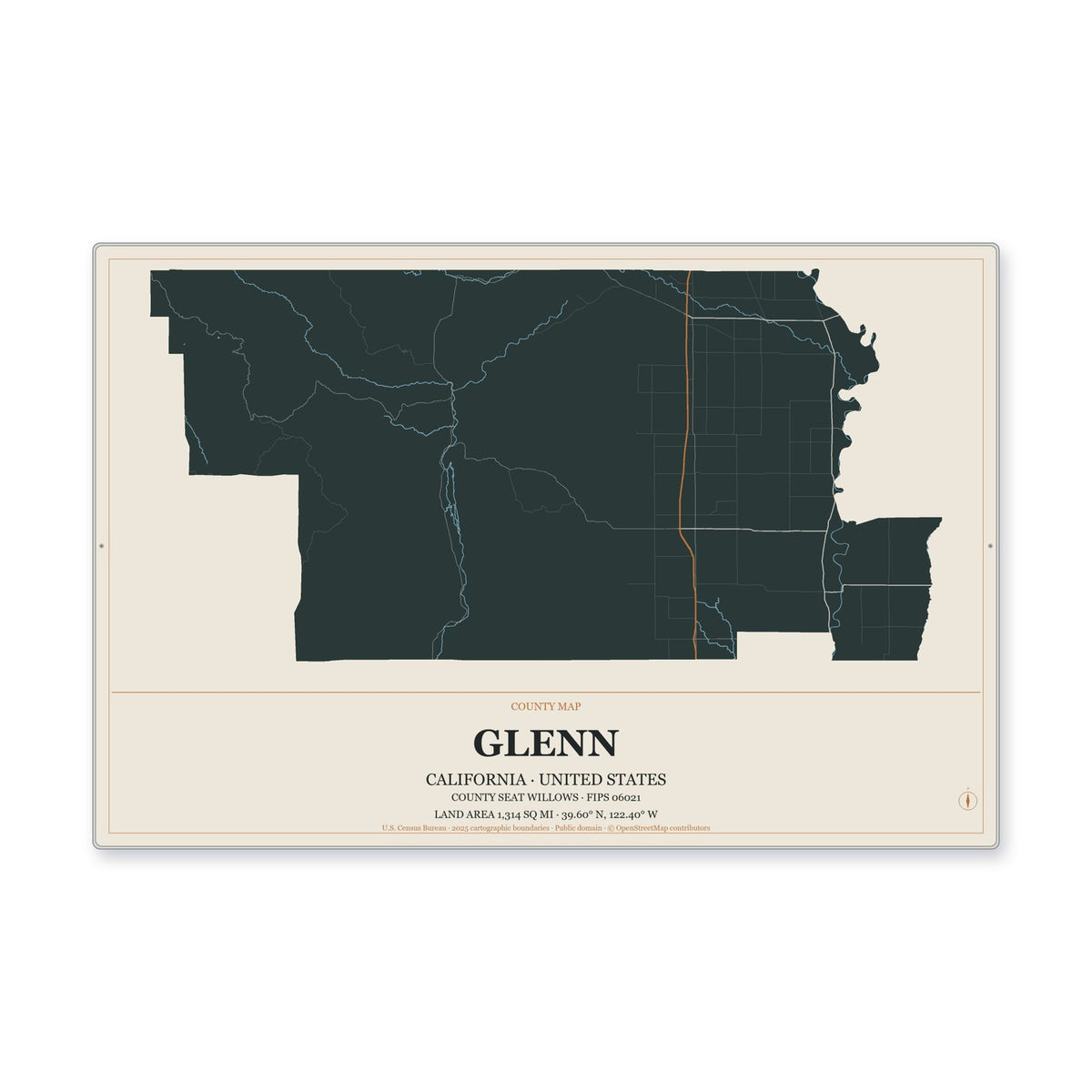 Glenn County, California Map Aluminum Sign in Headline Atlas style