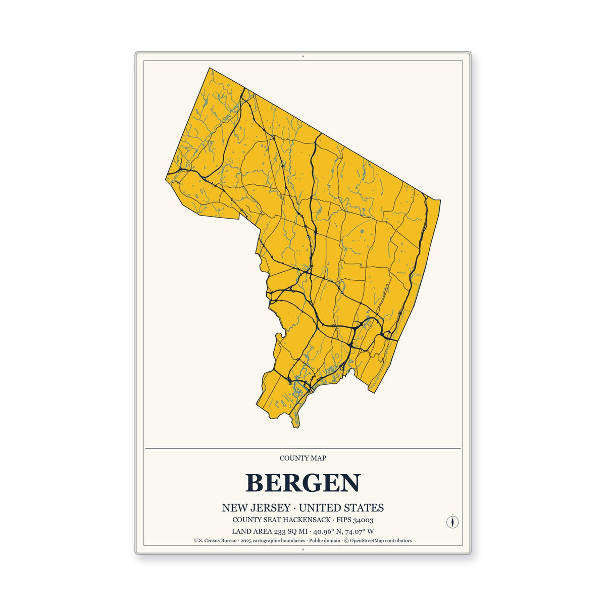 Bergen County, New Jersey Map Aluminum Sign in Citrine Modern style