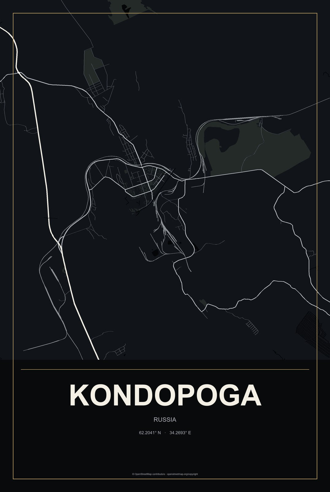Kondopoga, Russia City Map Aluminum Sign in Metropolitan Noir style