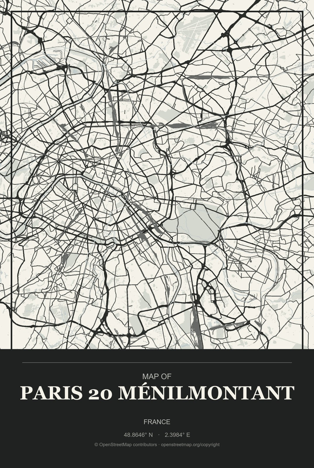 Paris 20 Ménilmontant, France City Map Aluminum Sign in Museum Plaque style