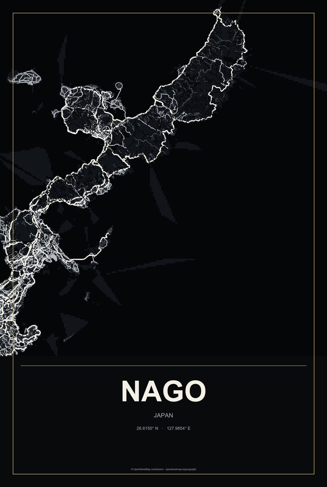 Nago, Japan City Map Aluminum Sign in Metropolitan Noir style