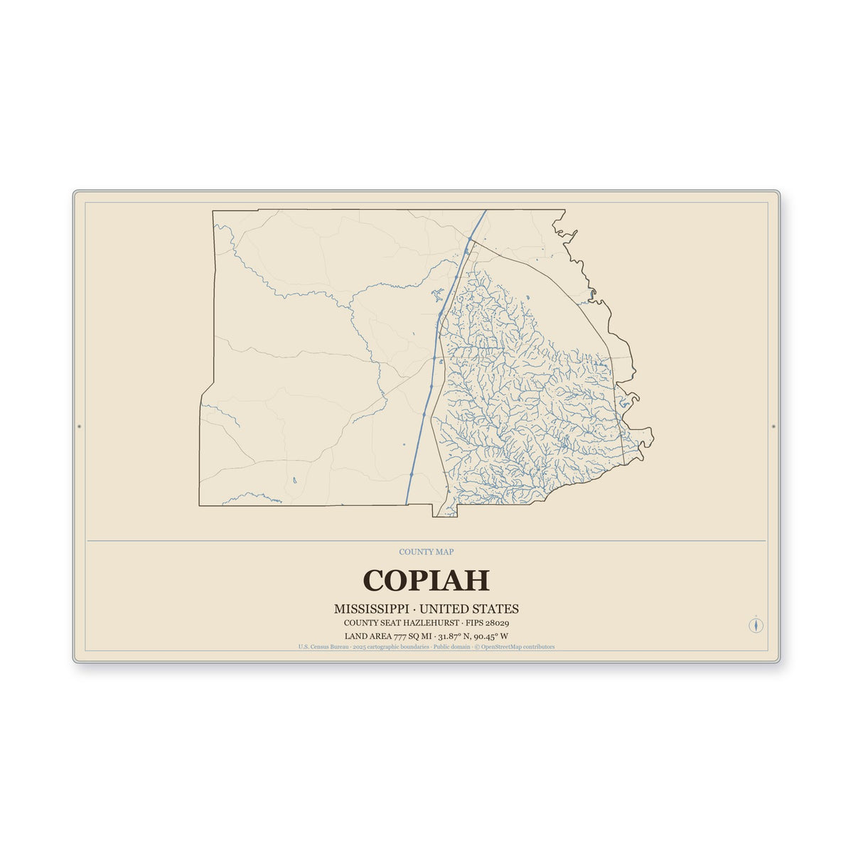 Copiah County, Mississippi Map Aluminum Sign in Heritage Nautical style