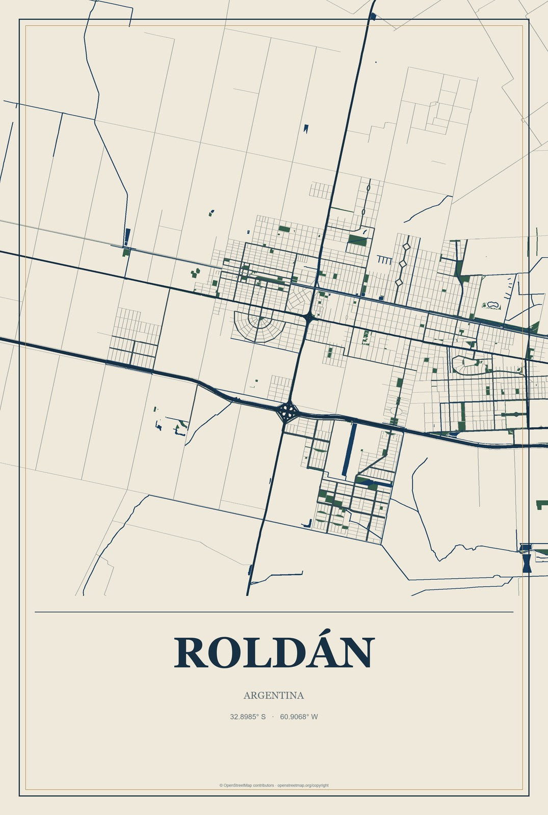 Roldán, Argentina City Map Aluminum Sign in Coastal Cutout style