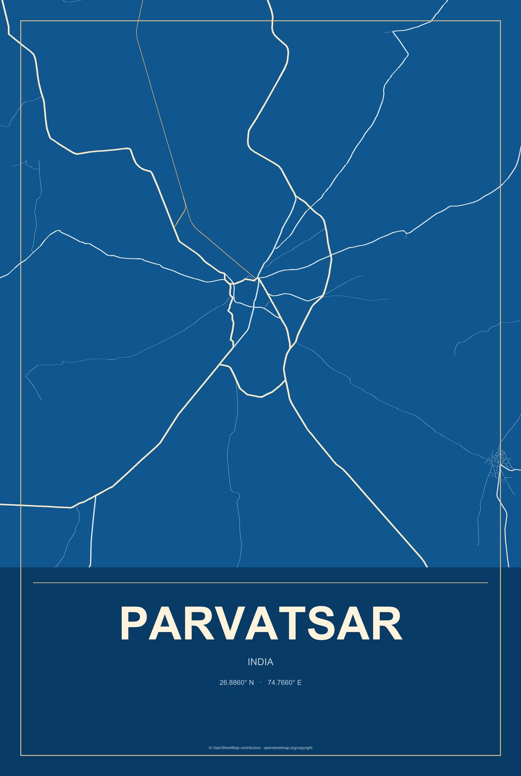 Parvatsar, India City Map Aluminum Sign in Harbor Cobalt style
