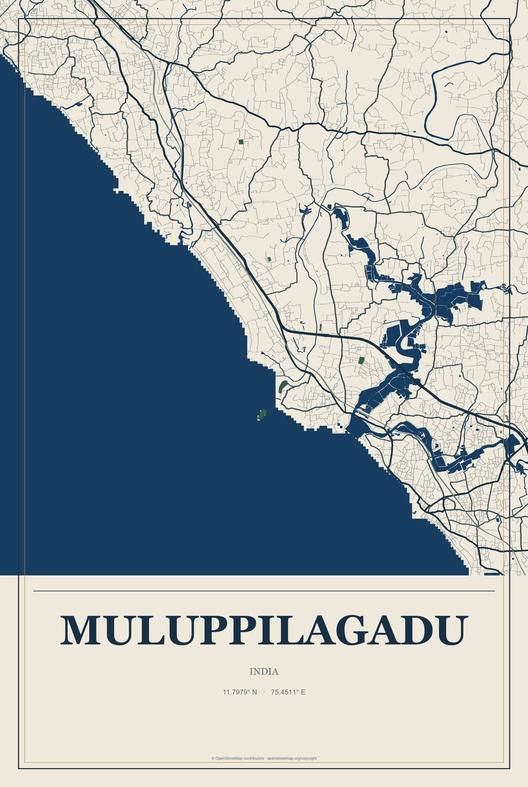 Muluppilagadu, India City Map Aluminum Sign in Coastal Cutout style