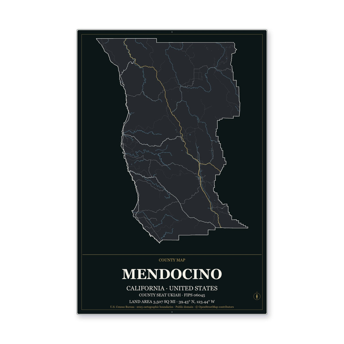 Mendocino County, California Map Aluminum Sign in Metropolitan Noir style
