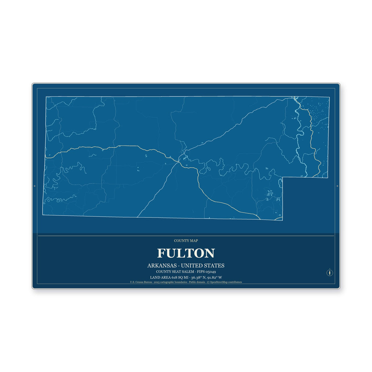 Fulton County, Arkansas Map Aluminum Sign in Harbor Cobalt style