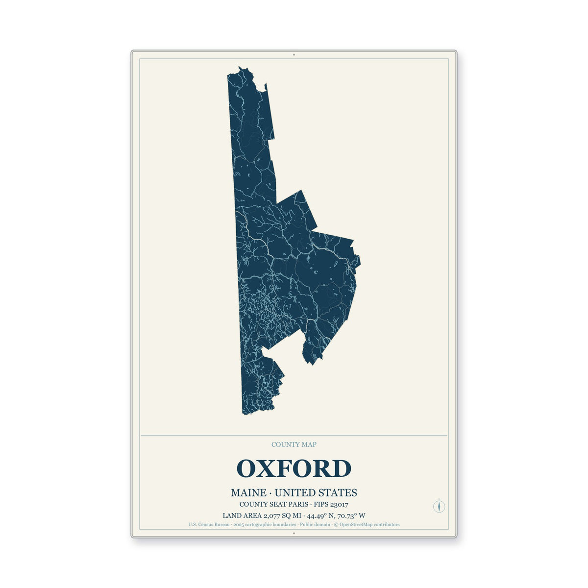 Oxford County, Maine Map Aluminum Sign in Coastal Cutout style