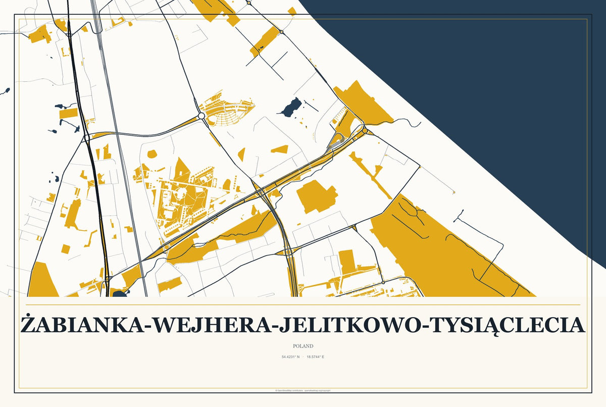 Żabianka-Wejhera-Jelitkowo-Tysiąclecia, Poland City Map Aluminum Sign in Citrine Modern style