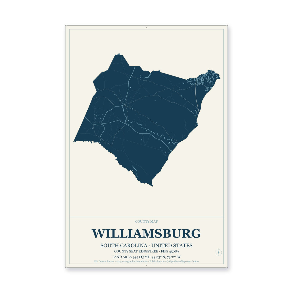 Williamsburg County, South Carolina Map Aluminum Sign in Coastal Cutout style