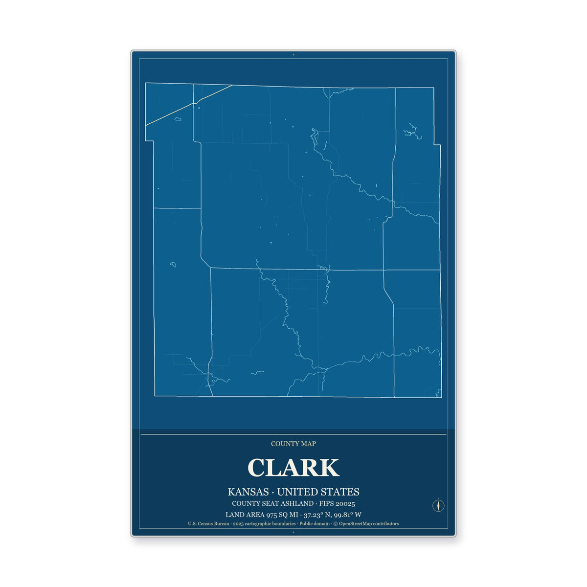 Clark County, Kansas Map Aluminum Sign in Harbor Cobalt style