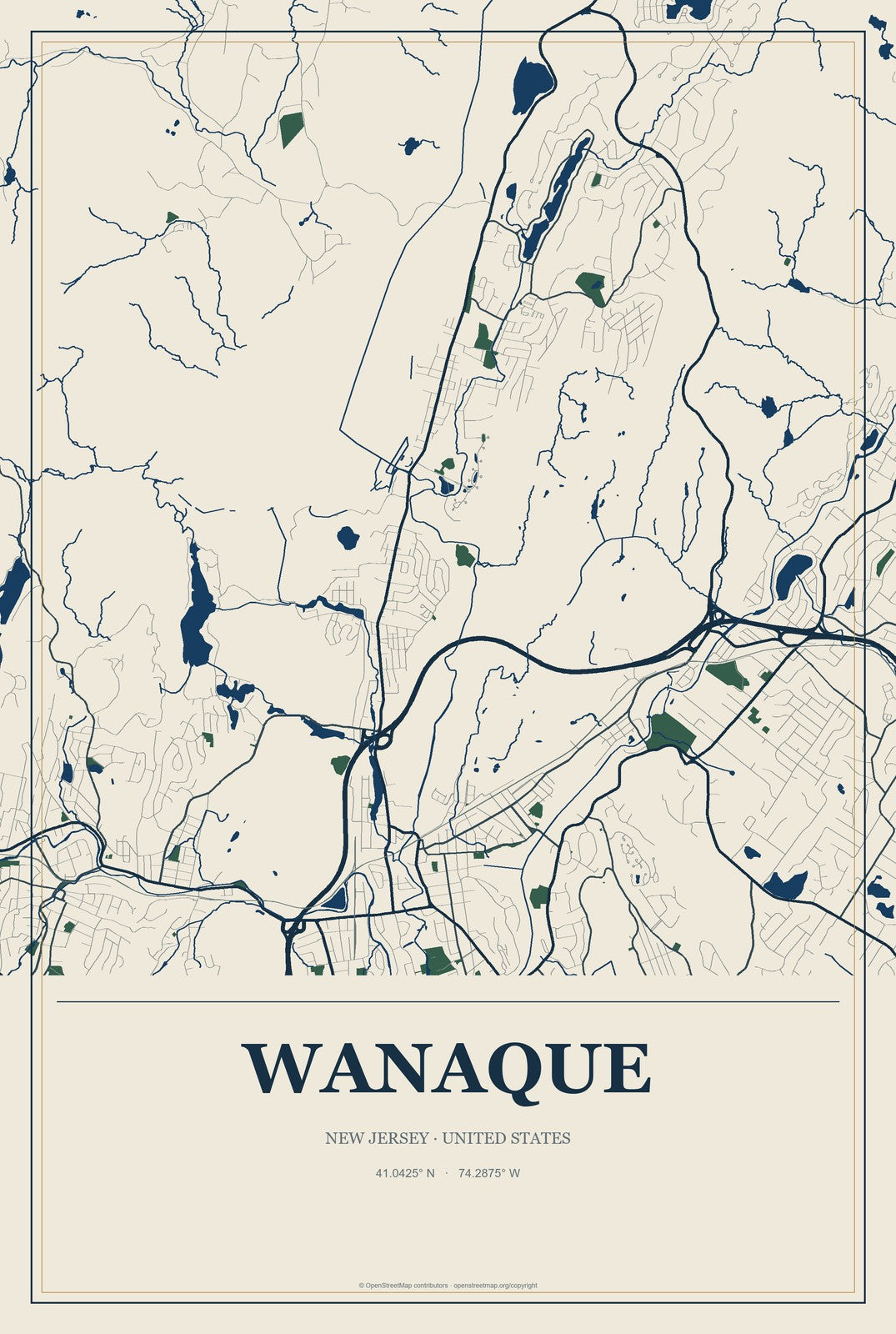 Wanaque, New Jersey City Map Aluminum Sign in Coastal Cutout style