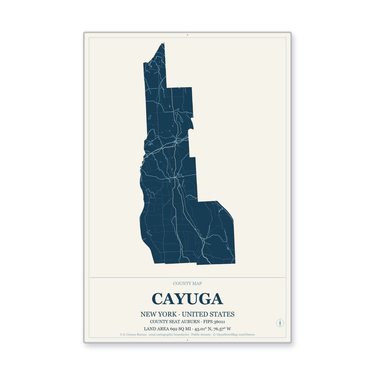 Cayuga County, New York Map Aluminum Sign in Coastal Cutout style
