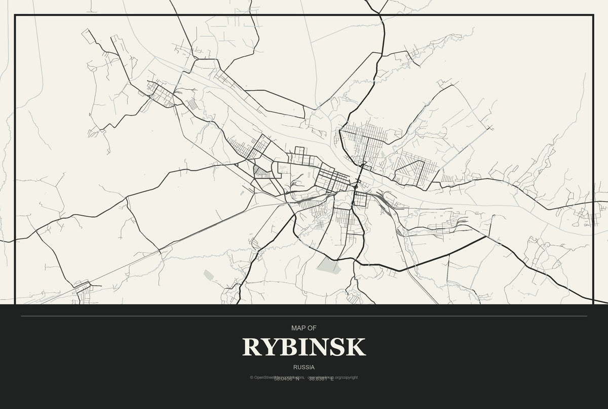 Rybinsk, Russia City Map Aluminum Sign in Museum Plaque style