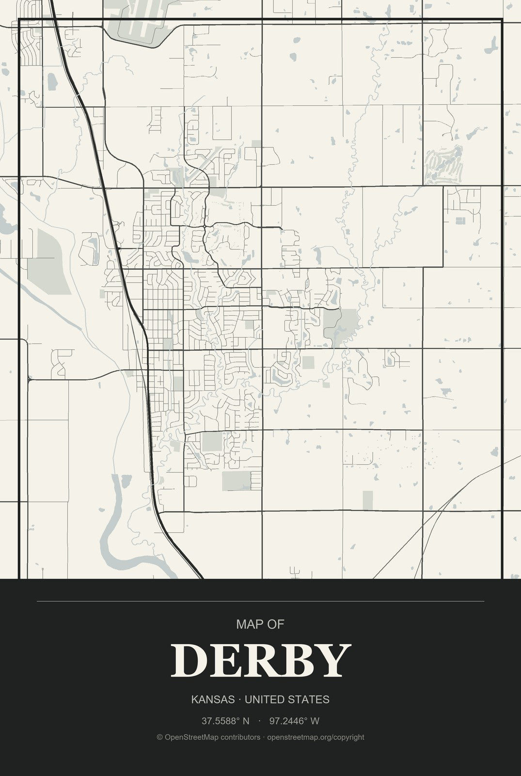 Derby, Kansas City Map Aluminum Sign in Museum Plaque style