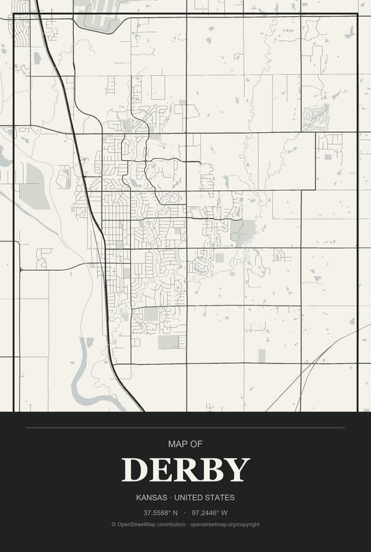 Derby, Kansas City Map Aluminum Sign in Museum Plaque style