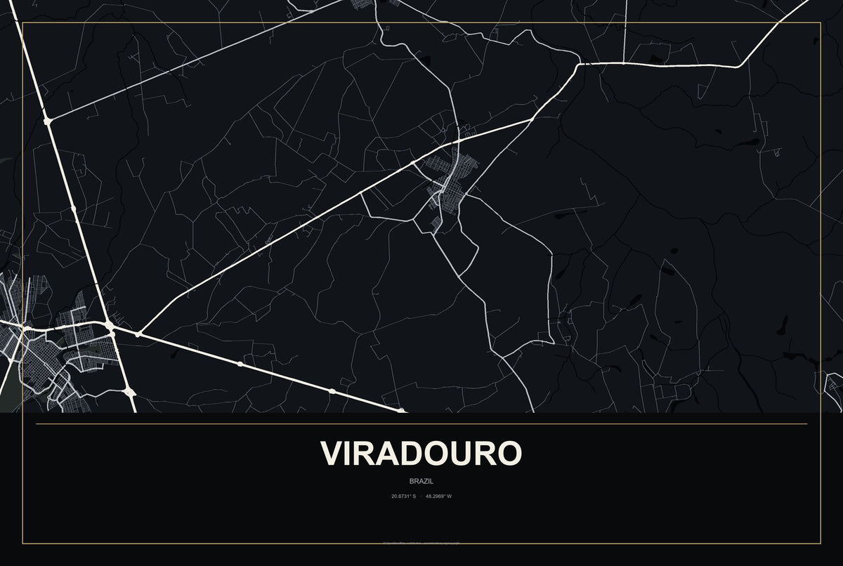 Viradouro, Brazil City Map Aluminum Sign in Metropolitan Noir style