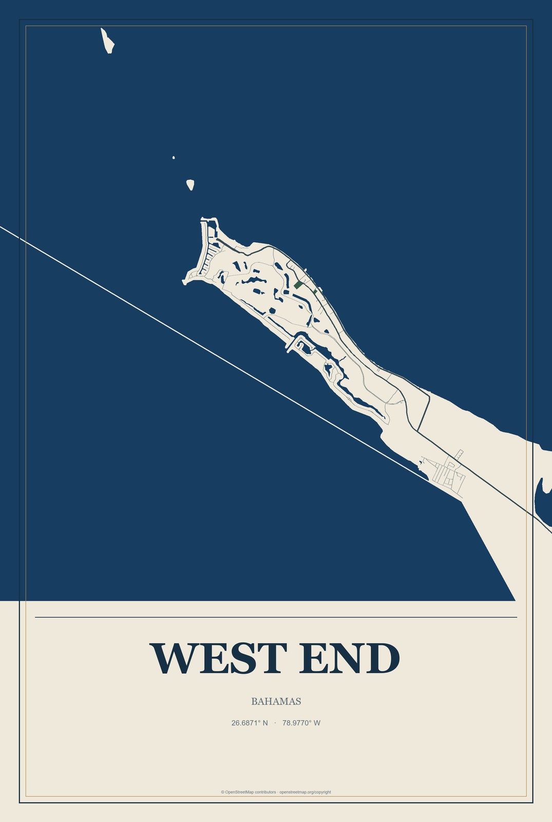 West End, Bahamas City Map Aluminum Sign in Coastal Cutout style