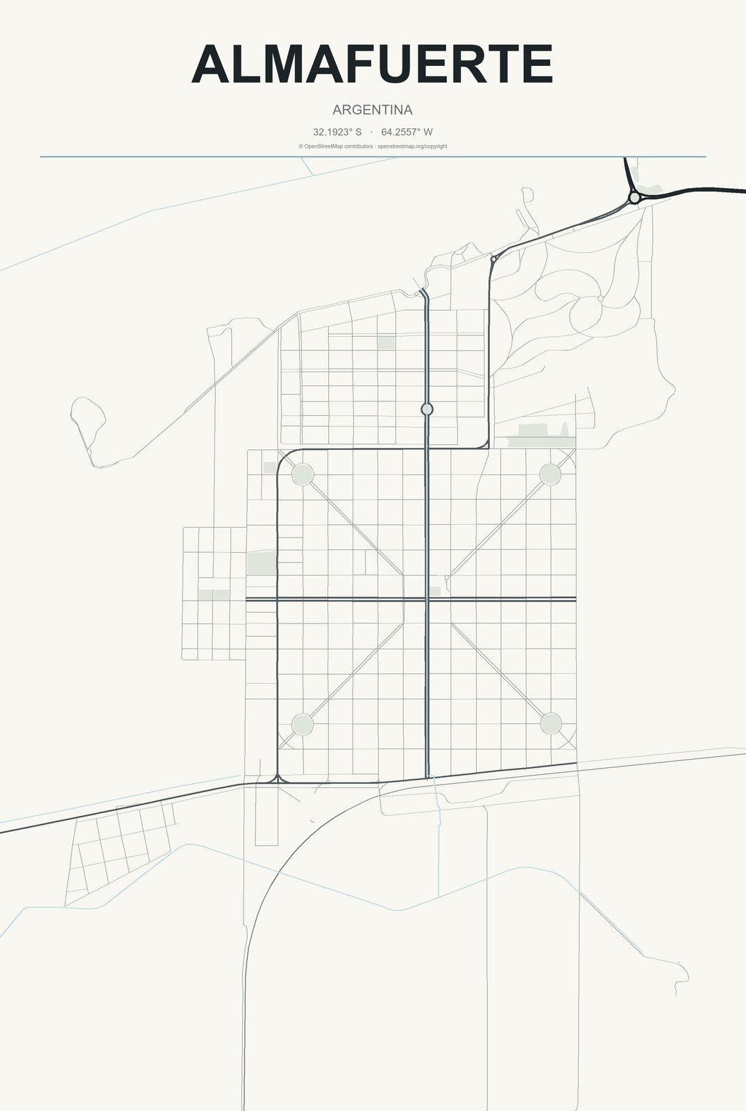 Almafuerte, Argentina City Map Aluminum Sign in Headline Atlas style