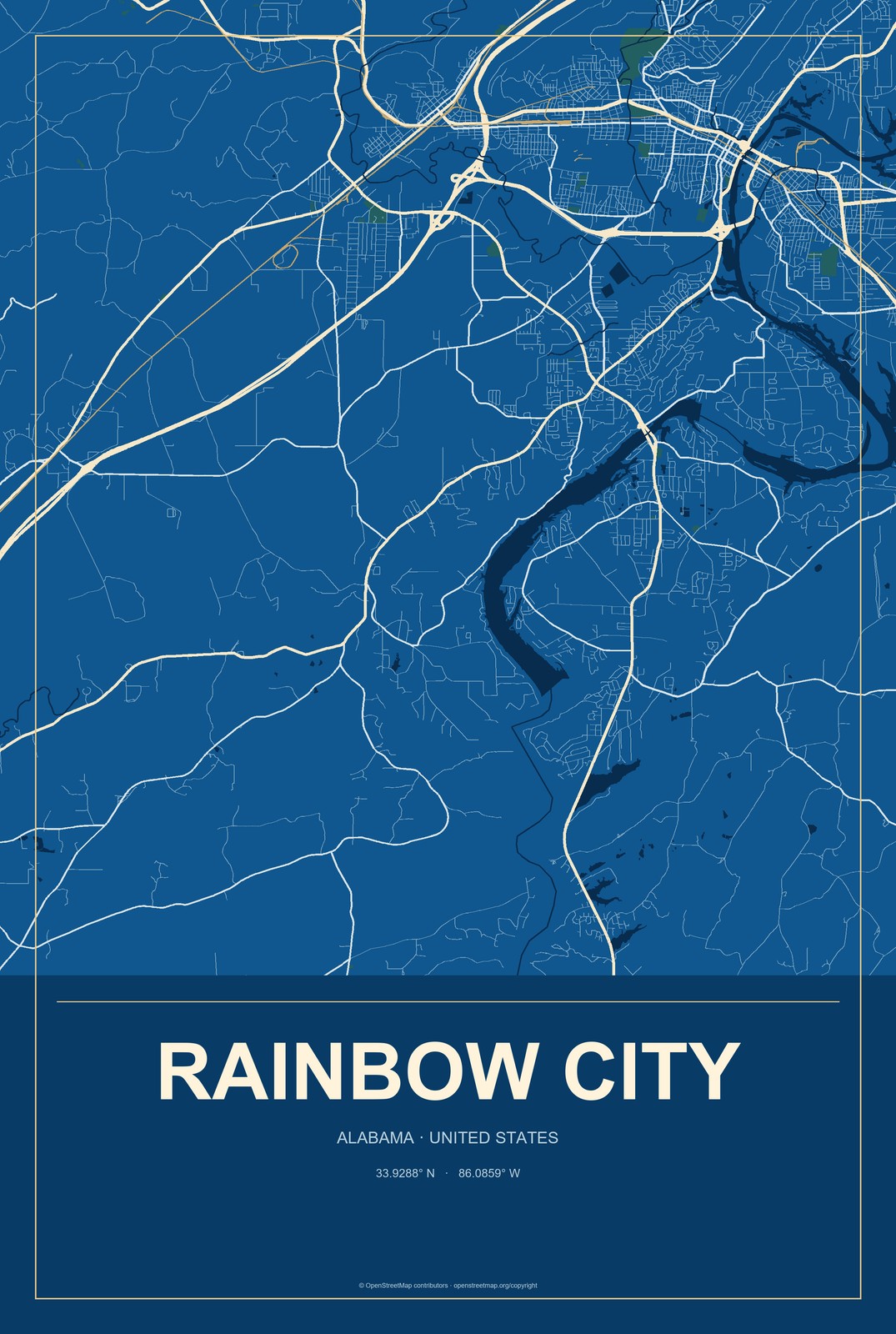 Rainbow City, Alabama City Map Aluminum Sign in Harbor Cobalt style