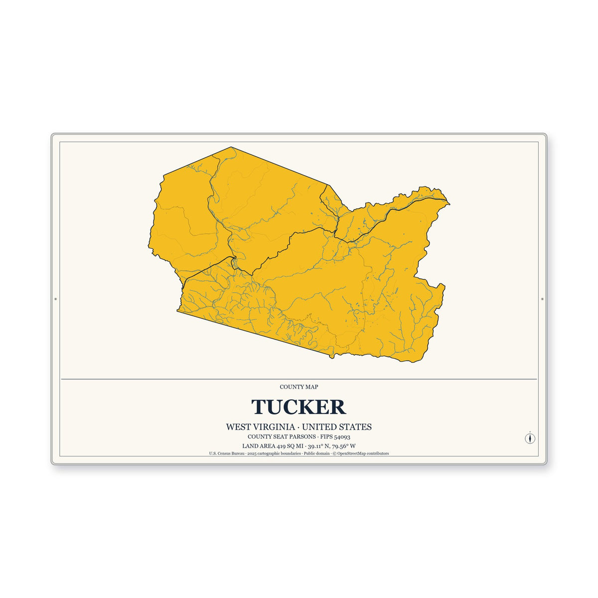 Tucker County, West Virginia Map Aluminum Sign in Citrine Modern style