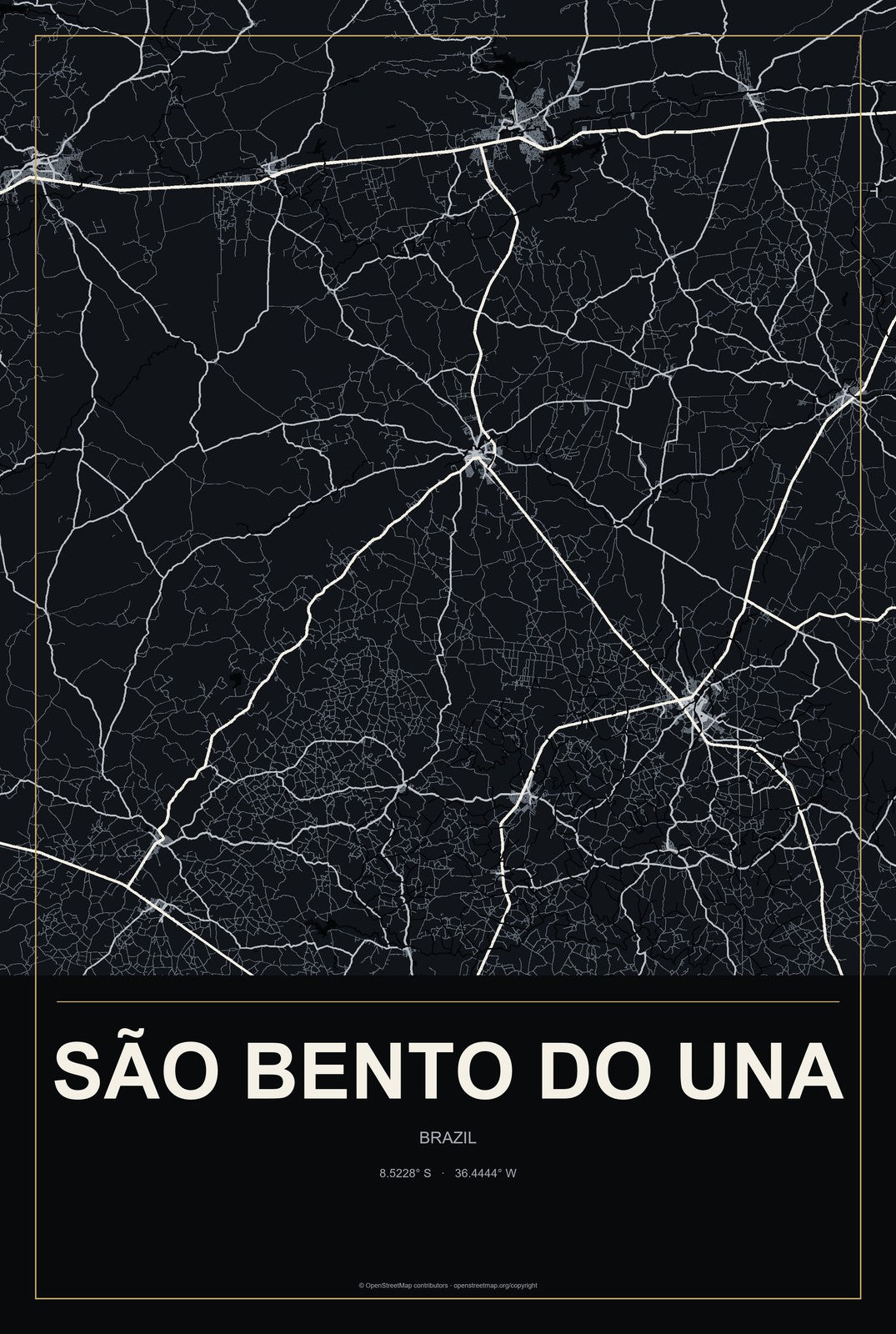 São Bento do Una, Brazil City Map Aluminum Sign in Metropolitan Noir style