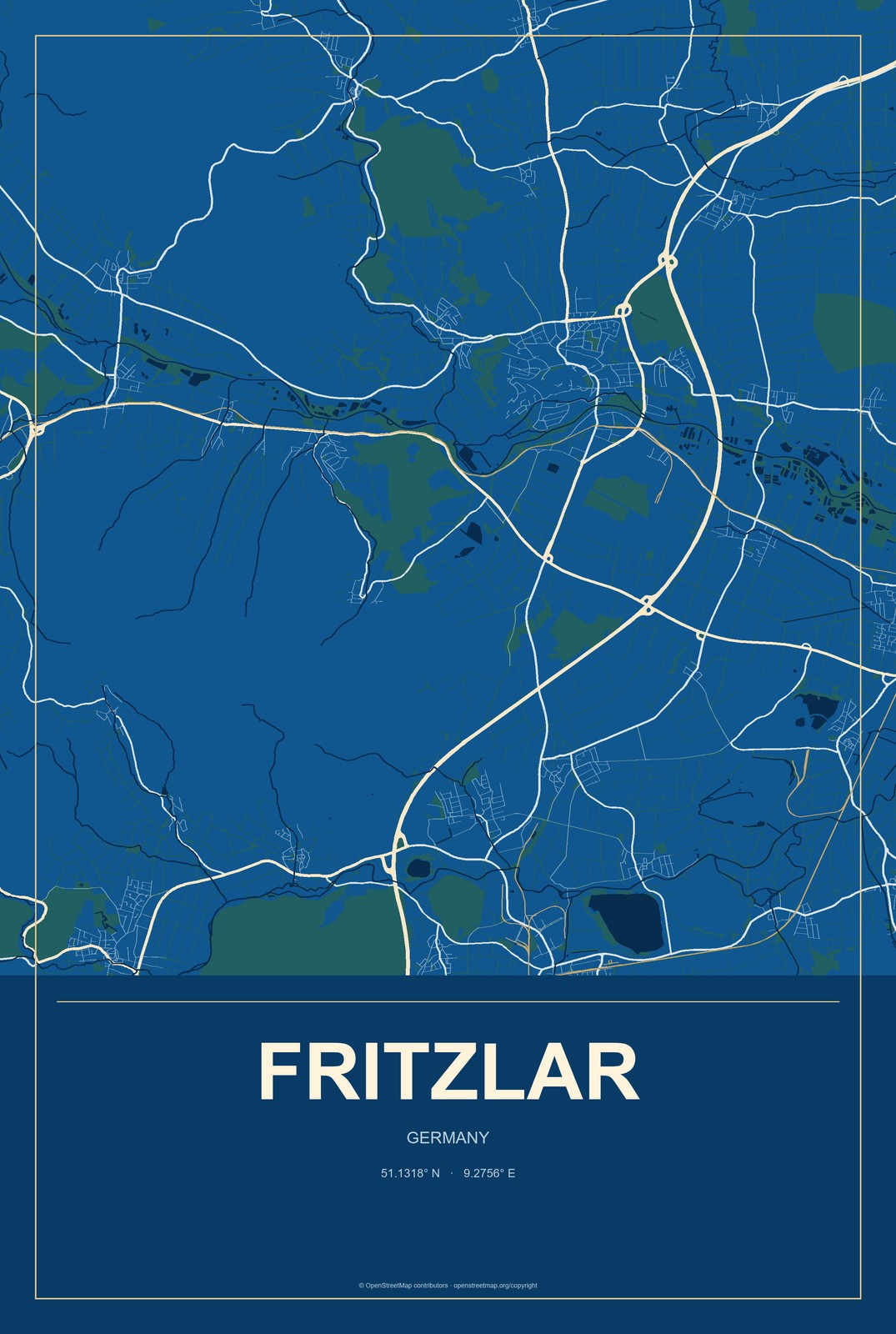 Fritzlar, Germany City Map Aluminum Sign in Harbor Cobalt style