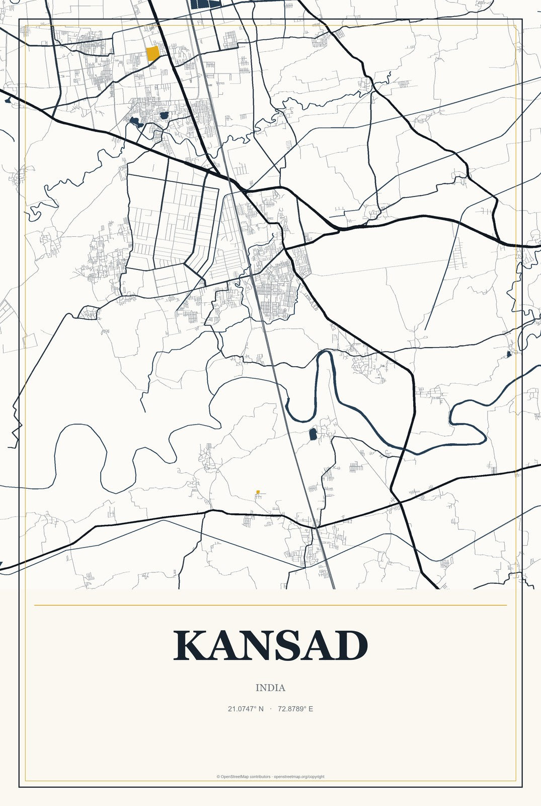 Kansad, India City Map Aluminum Sign in Citrine Modern style
