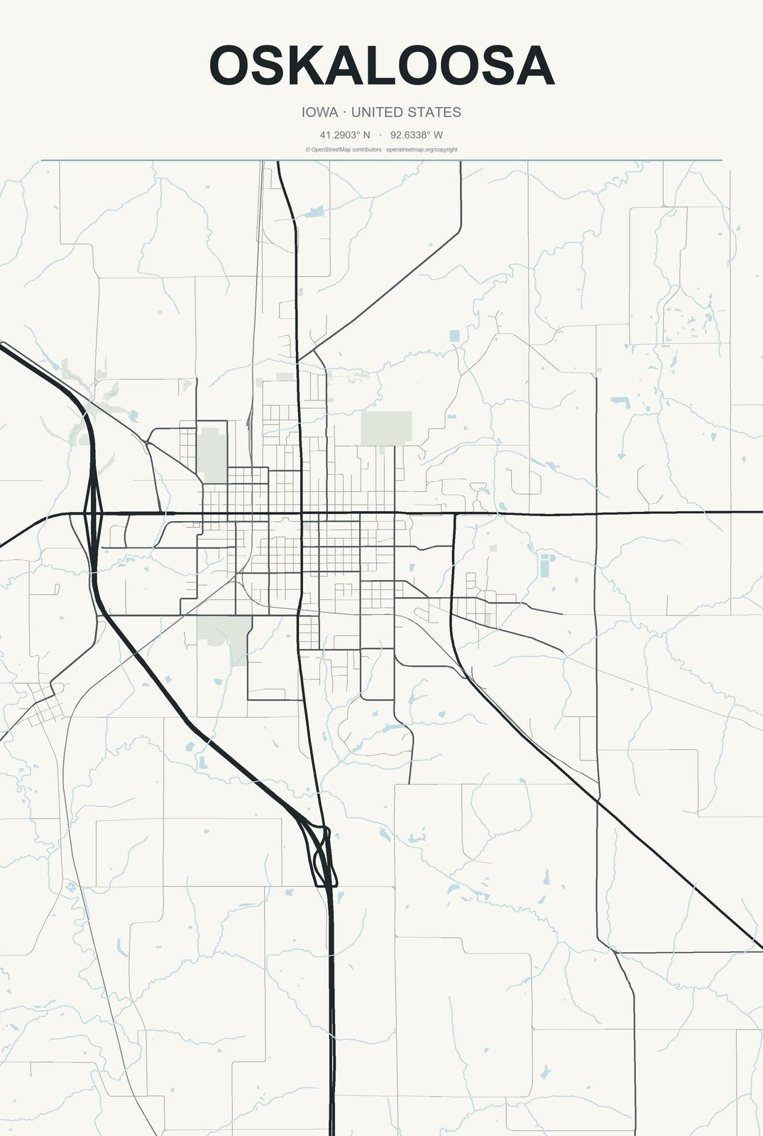 Oskaloosa, Iowa City Map Aluminum Sign in Headline Atlas style