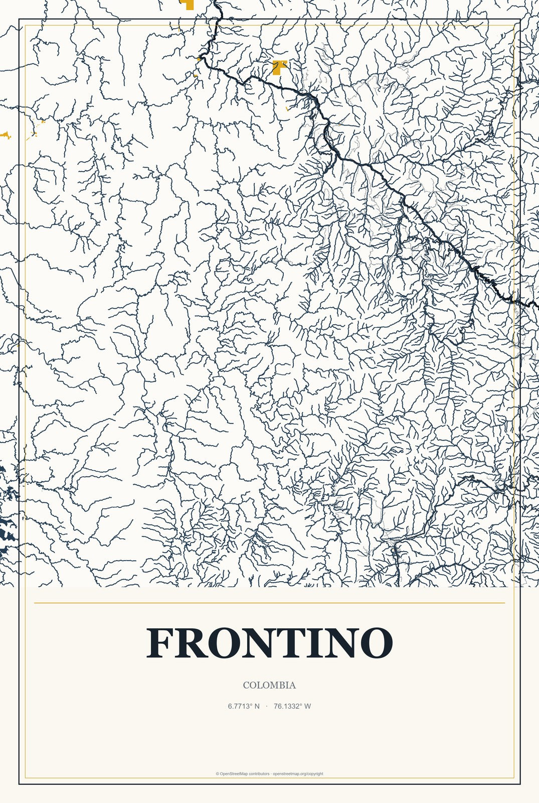 Frontino, Colombia City Map Aluminum Sign in Citrine Modern style
