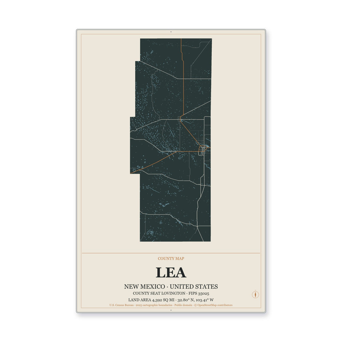 Lea County, New Mexico Map Aluminum Sign in Headline Atlas style