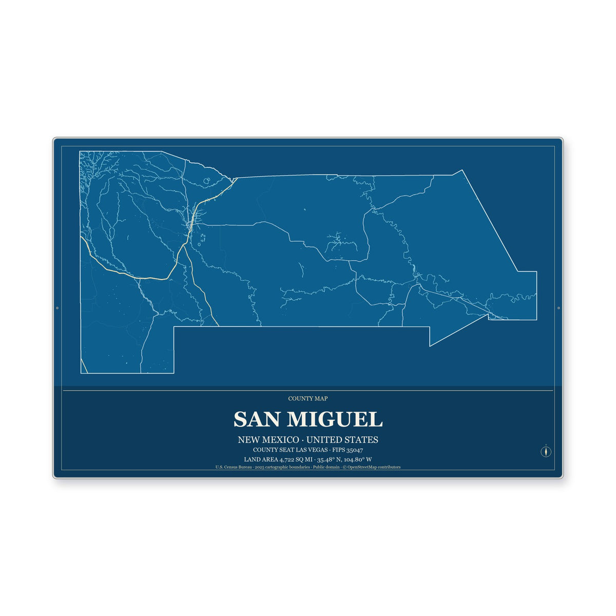San Miguel County, New Mexico Map Aluminum Sign in Harbor Cobalt style