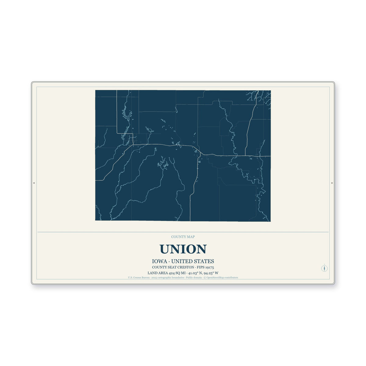 Union County, Iowa Map Aluminum Sign in Coastal Cutout style