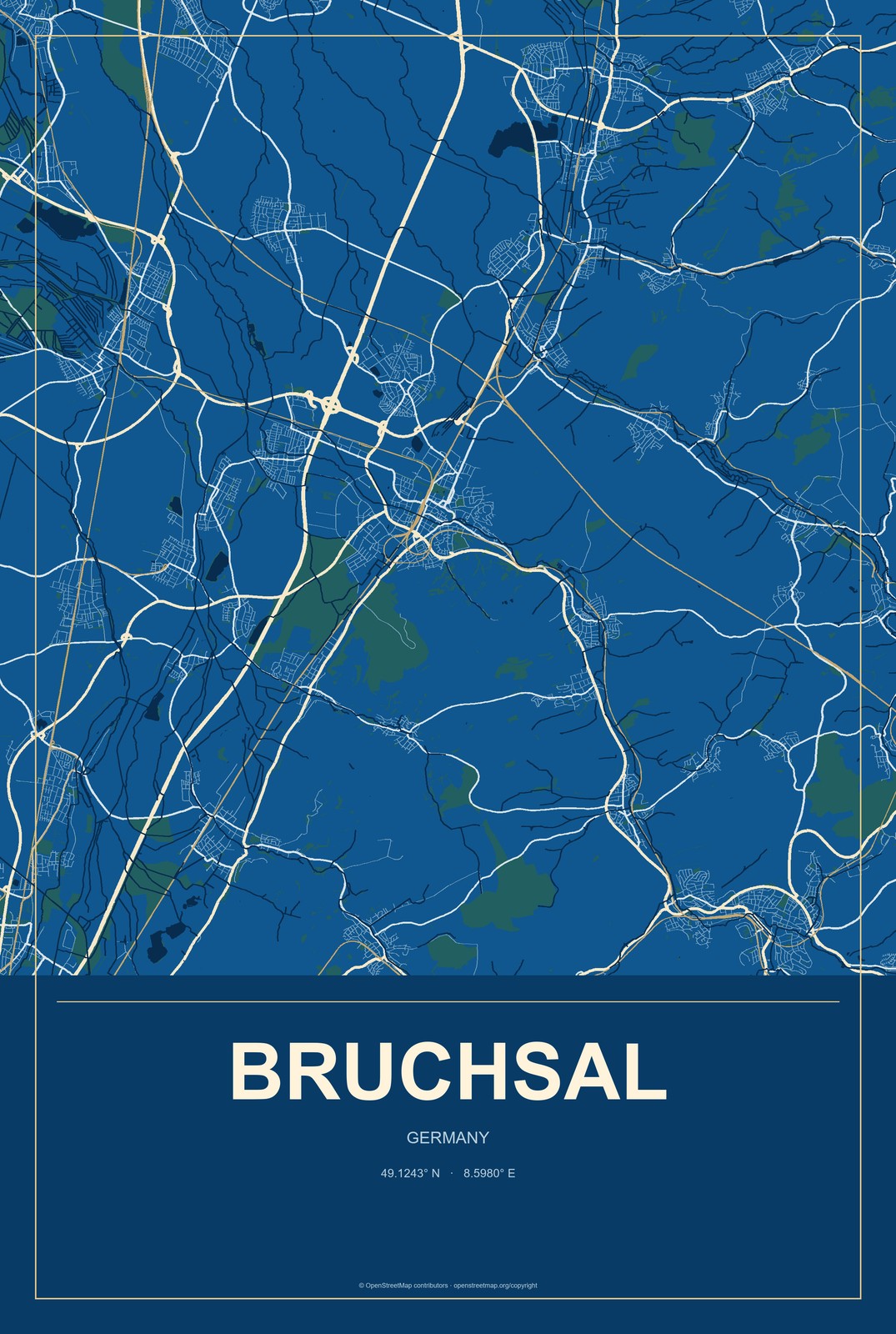 Bruchsal, Germany City Map Aluminum Sign in Harbor Cobalt style