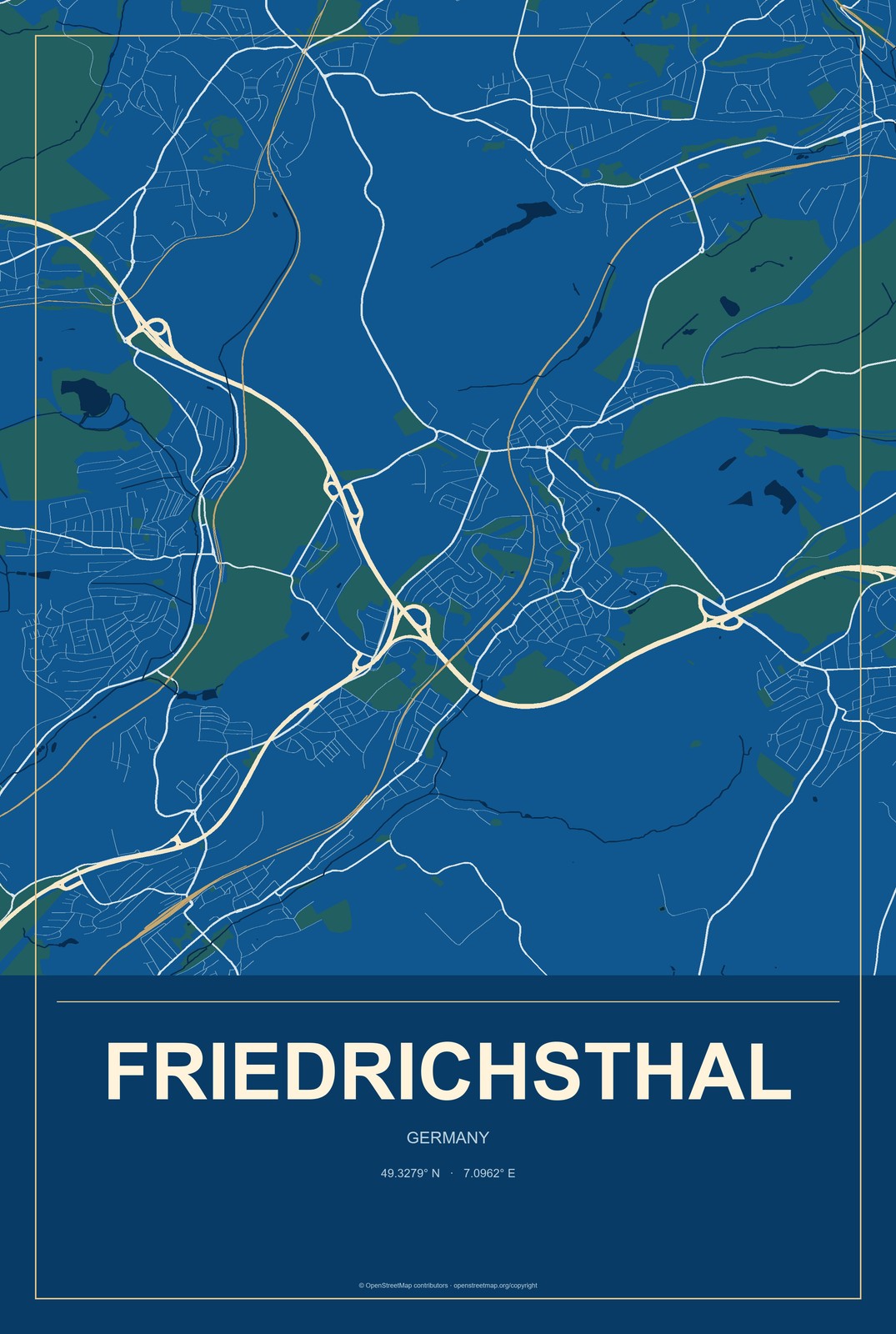 Friedrichsthal, Germany City Map Aluminum Sign in Harbor Cobalt style