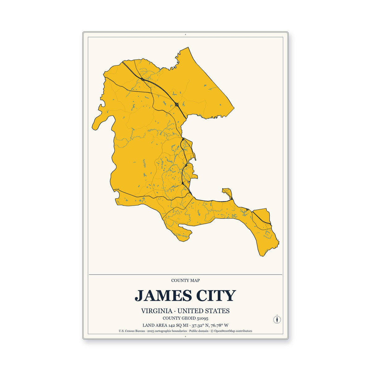 James City County, Virginia Map Aluminum Sign in Citrine Modern style
