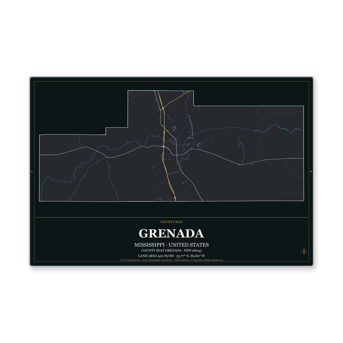 Grenada County, Mississippi Map Aluminum Sign in Metropolitan Noir style