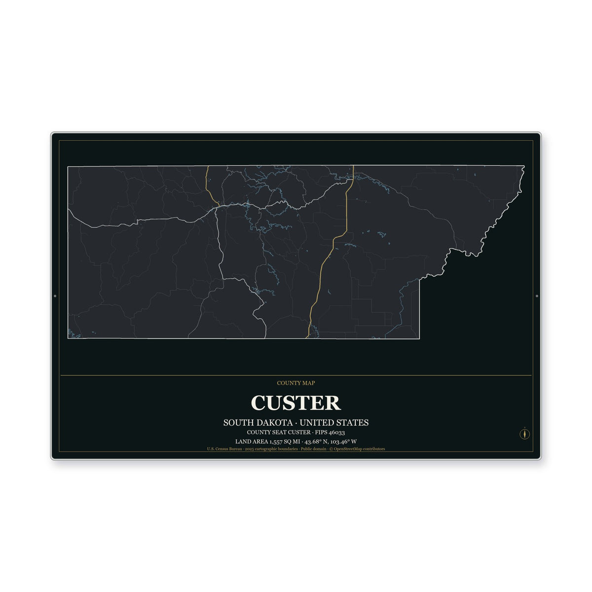 Custer County, South Dakota Map Aluminum Sign in Metropolitan Noir style