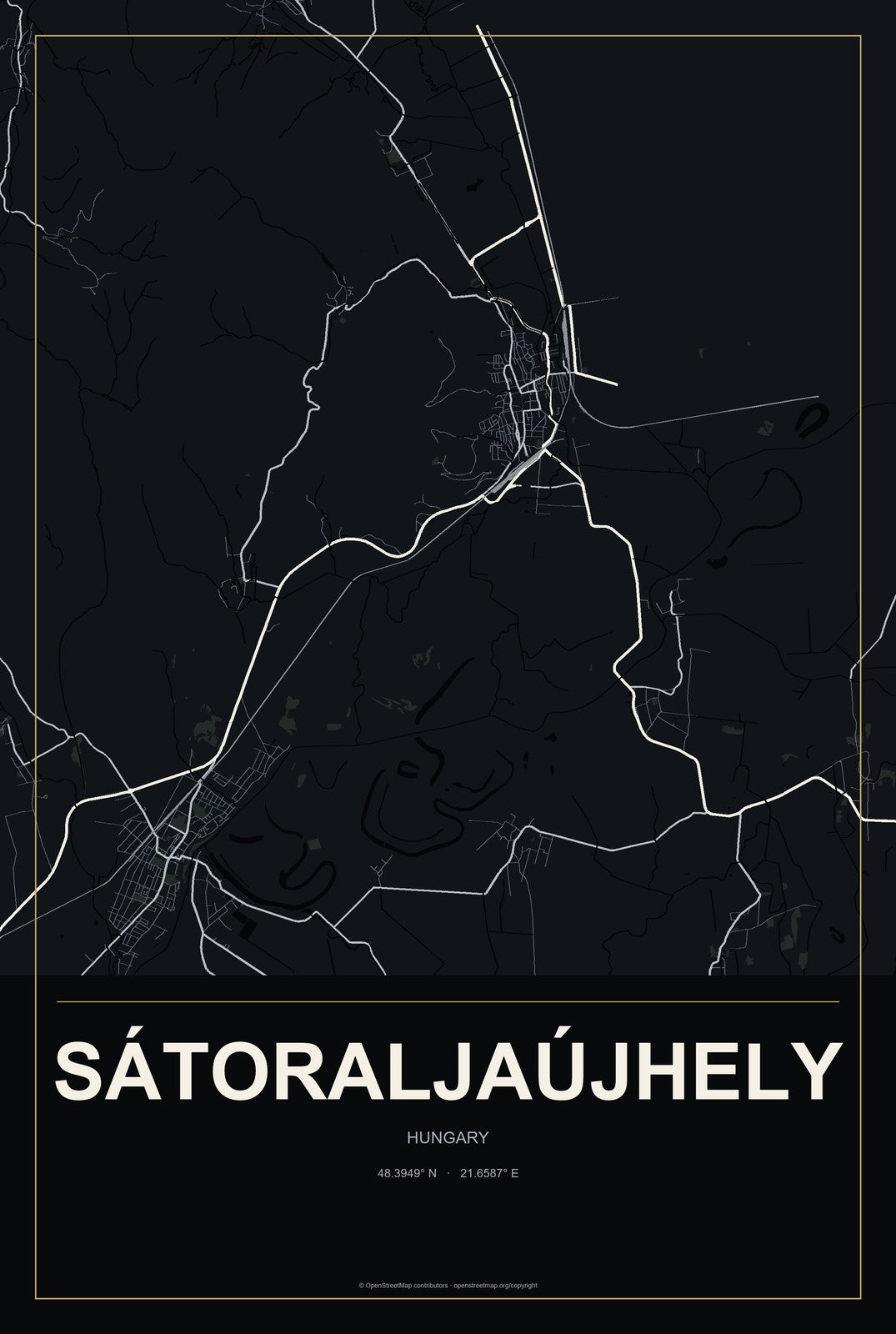 Sátoraljaújhely, Hungary City Map Aluminum Sign in Metropolitan Noir style