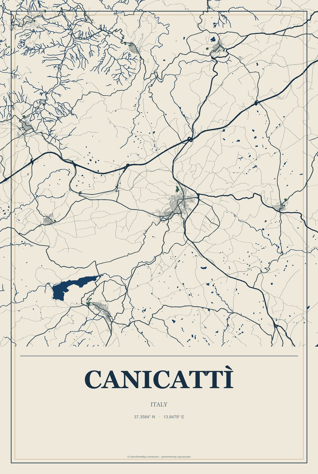 Canicattì, Italy City Map Aluminum Sign in Coastal Cutout style