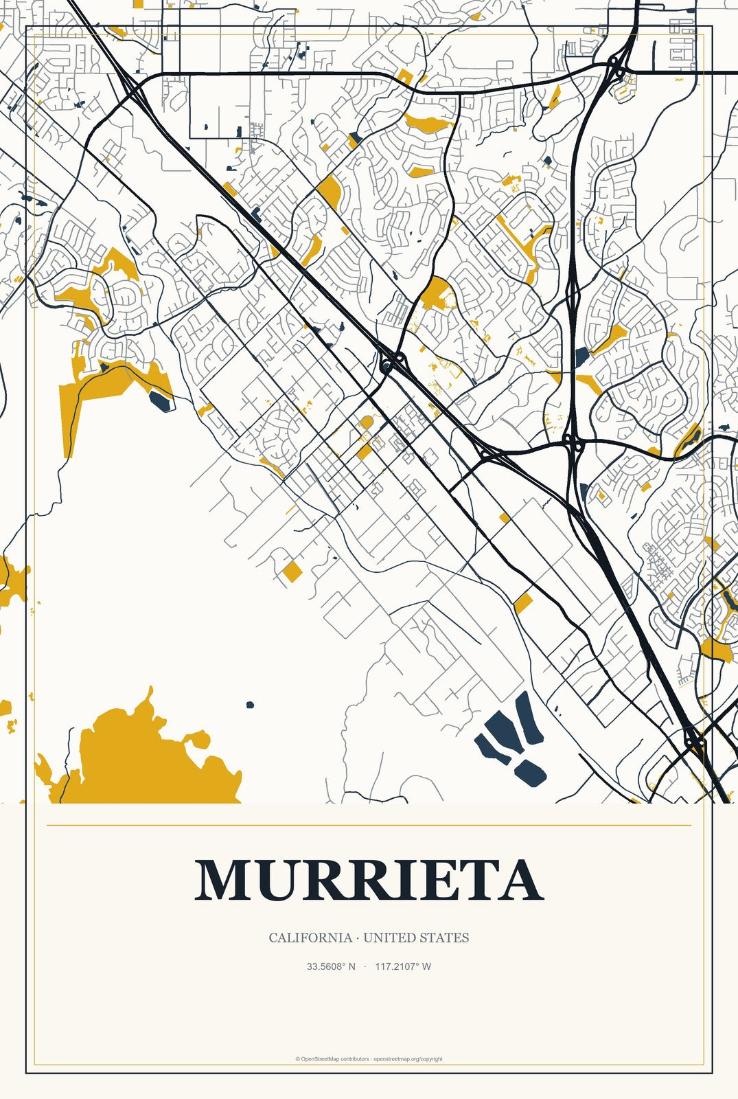 Murrieta, California City Map Aluminum Sign in Citrine Modern style