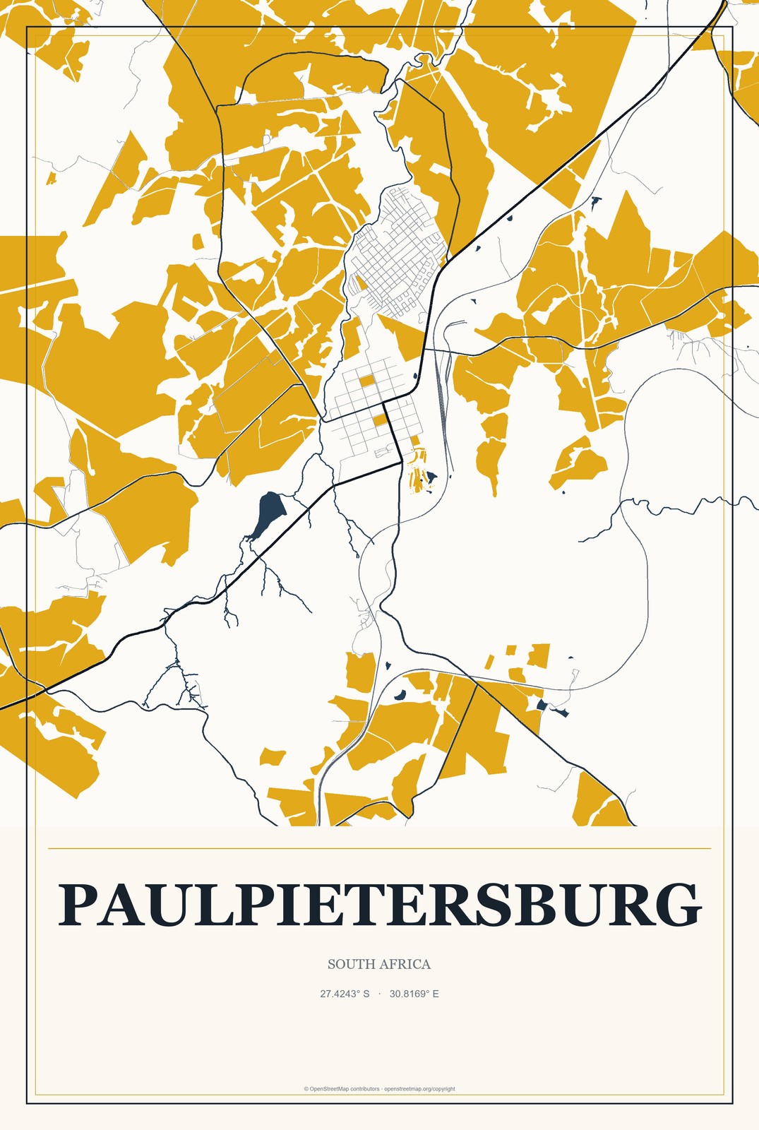 Paulpietersburg, South Africa City Map Aluminum Sign in Citrine Modern style