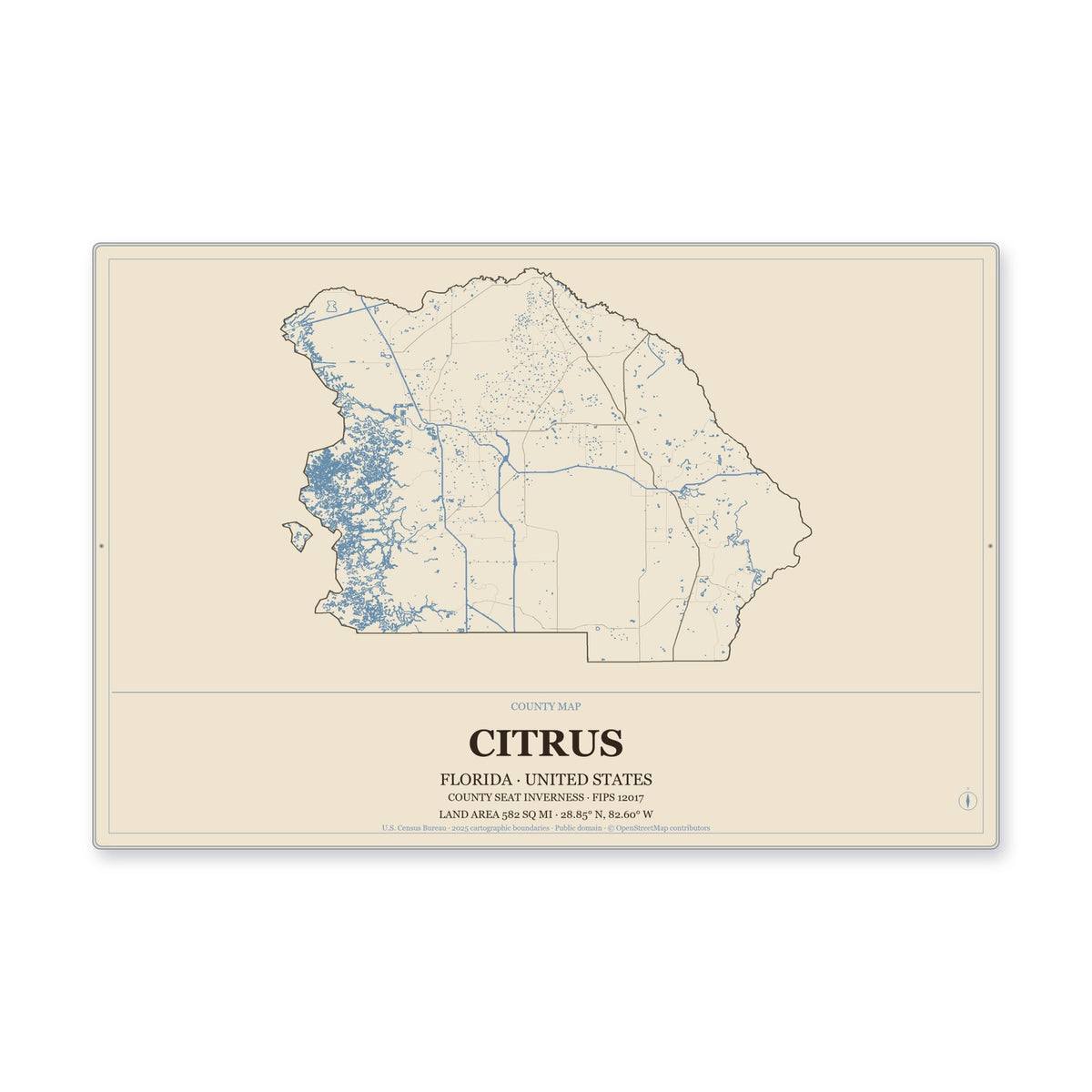 Citrus County, Florida Map Aluminum Sign in Heritage Nautical style