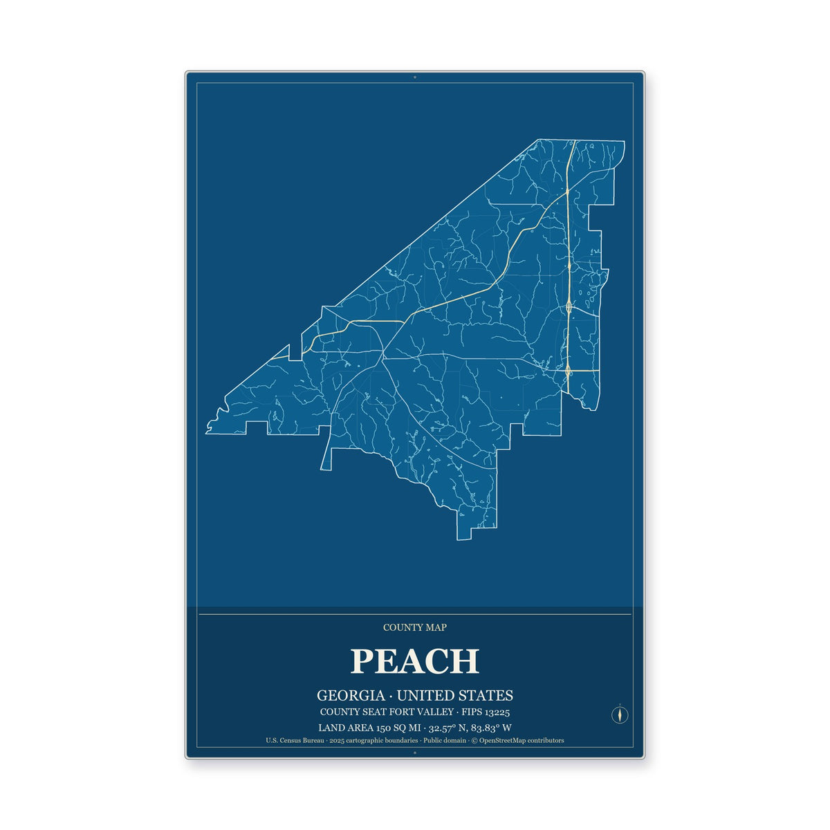 Peach County, Georgia Map Aluminum Sign in Harbor Cobalt style