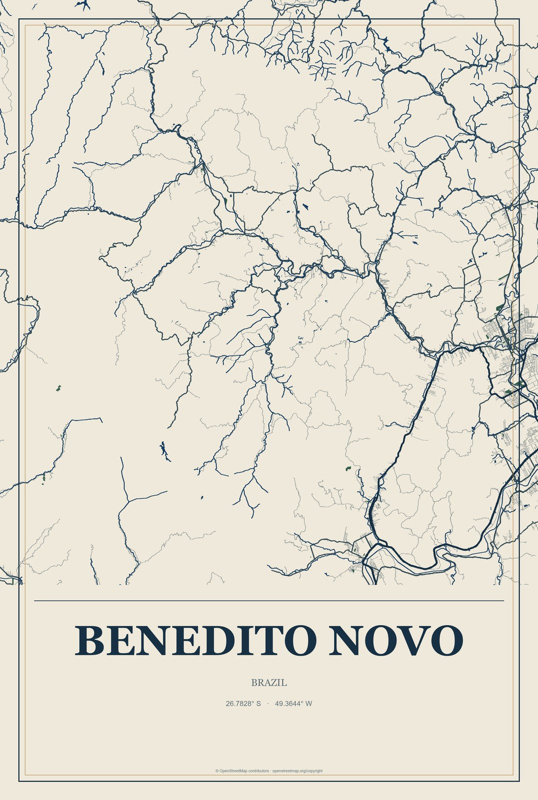 Benedito Novo, Brazil City Map Aluminum Sign in Coastal Cutout style