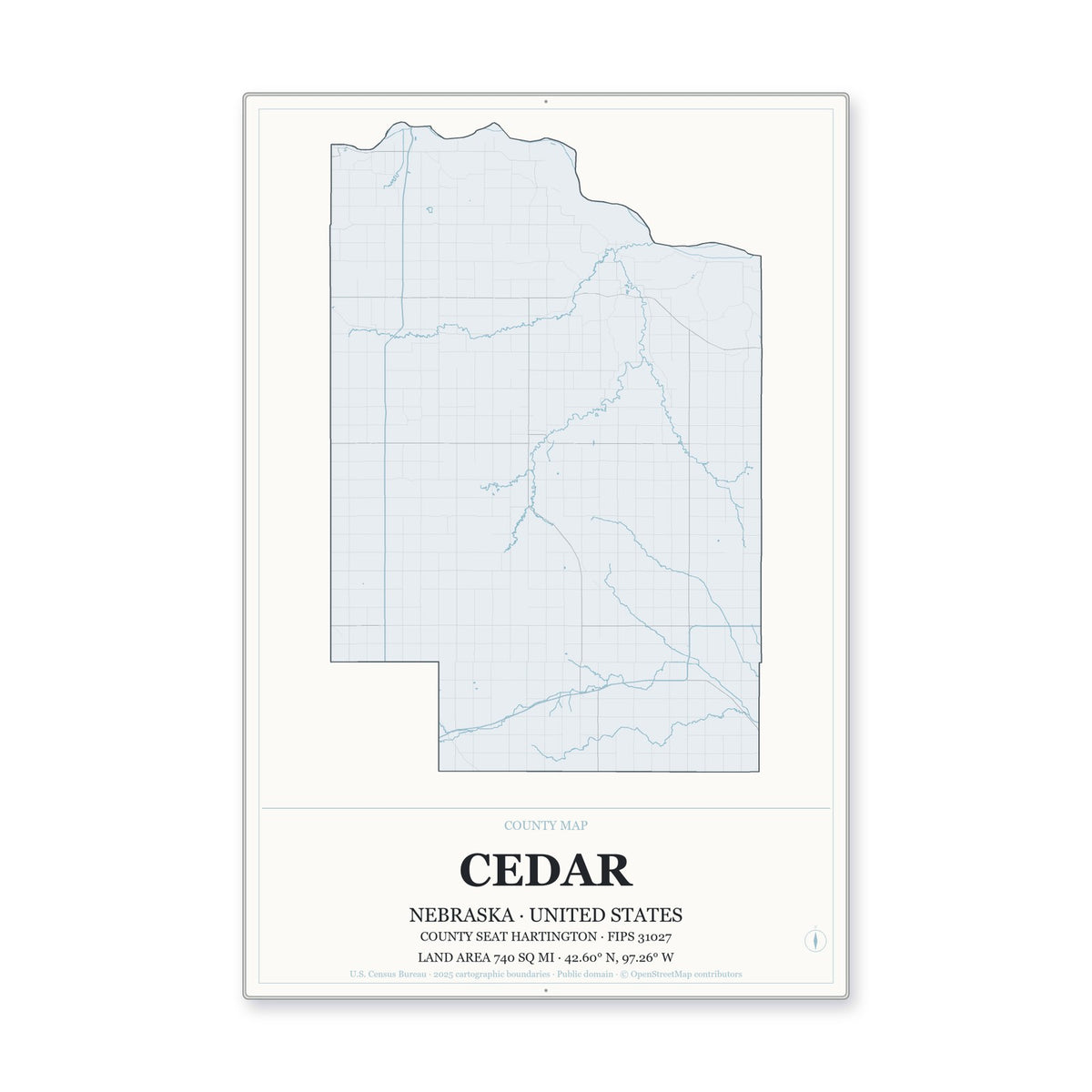 Cedar County, Nebraska Map Aluminum Sign in Gallery Air style